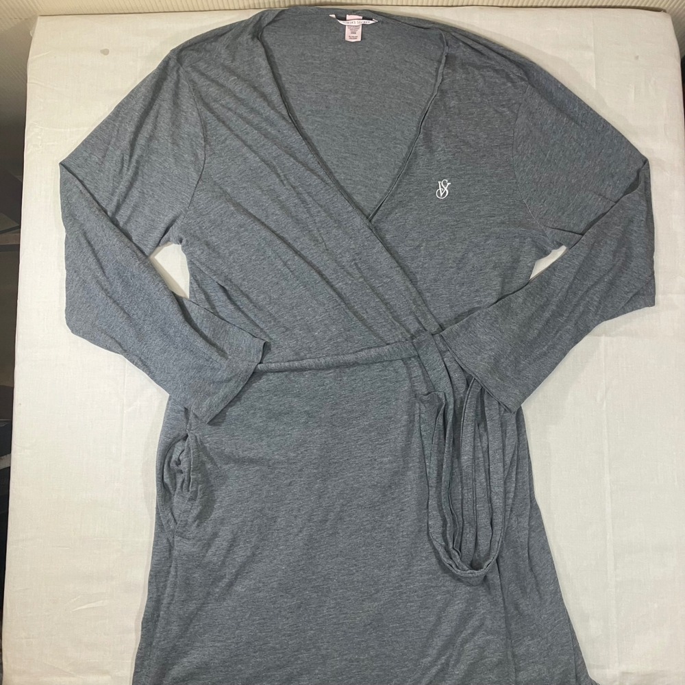 Victorias Secret Heather Gray Jersey Knit Wrap Robe XL Long Sleeve Pockets Logo